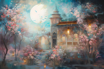 A dreamy painting of a Ramadan night. digital art illustration. generative AI.