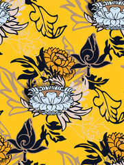 Seamless floral pattern with water lily on the yellow background.