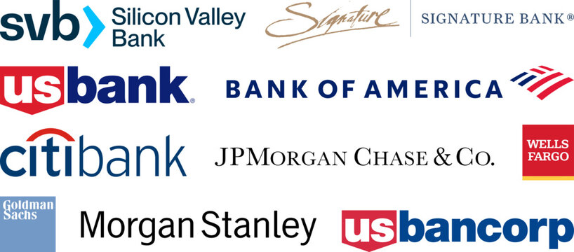 US Bank logo set. SVB Silicon Valley Bank, Signature, America, Citibank, JPMorgan Chase, Wells Fargo, Goldman Sachs, Morgan Stanley, US Bancorp. Vector editorial illustration