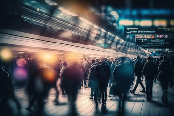Rush hour night city, crowd of busy people. Out of focus, motion blur, long exposure effect. Generative ai illustration