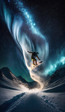 Snowborder sportsmen jumping mid-air on winter snow slope. Beautiful luminiscent light and starry night sky. Abstract extreme sport vertical splash screen. AI generative image.