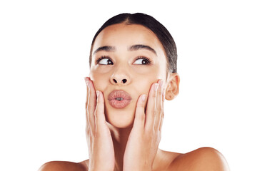 Skincare, pout and surprise of beauty woman for skincare idea isolated on a png background....