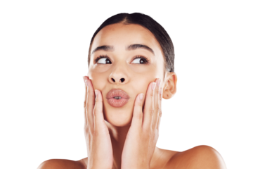 Skincare, pout and surprise of beauty woman for skincare idea isolated on a png background. Backdrop, shock and glowing face of a hispanic female with dermatology and cosmetic wellness and health