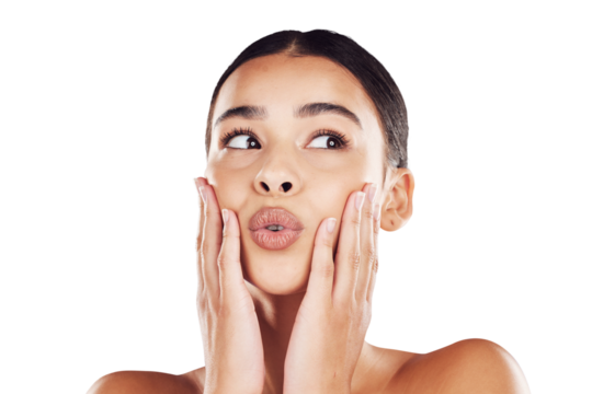 Skincare, pout and surprise of beauty woman for skincare idea isolated on a png background. Backdrop, shock and glowing face of a hispanic female with dermatology and cosmetic wellness and health