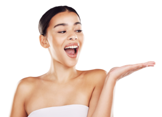 Surprise, skincare and woman hand with space gesture to promote a luxury skin treatment or product isolated on a png background. Cosmetology, wellness and hispanic female with shock for dermatology