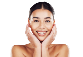 Png background, natural beauty and a happy woman with self love portrait while isolated for health and cosmetic wellness. Dermatology, facial and smiling hispanic lady touching soft and smooth skin