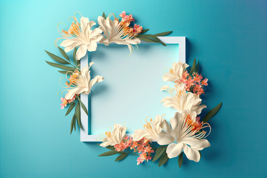 Square frame with beautiful floral decoration made of alstroemeria plant with flowers in different colors. Plase for text. Border with blank place for text. AI generative image.