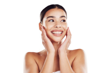 Idea, skincare and dermatology of a smiling woman with joy about her glowing skin facial routine isolated on a png background. Cosmetics, natural beauty and happiness of thinking latino female