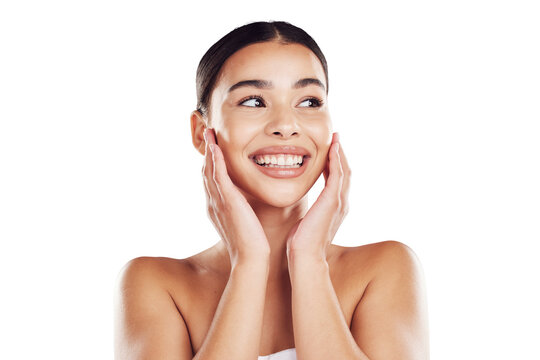 Idea, skincare and dermatology of a smiling woman with joy about her glowing skin facial routine isolated on a png background. Cosmetics, natural beauty and happiness of thinking latino female