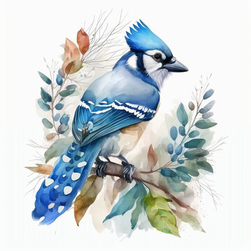 Blue Jay Watercolour portrait, Animal illustration