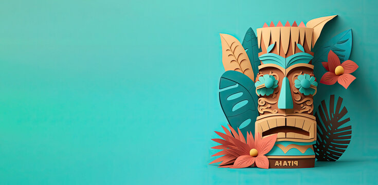 tiki festival banner, tiki festival background with copy space, 3d rendered tiki mask