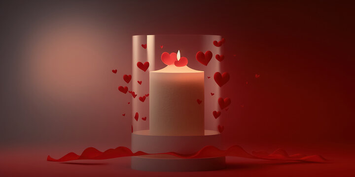 Photo composition with burning candle, flying hearts, petals on the table on a red background with soft light
