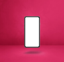 Floating smartphone isolated on pink. Square background