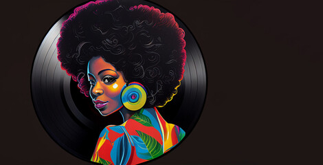 Vinyl record decorated seventies style banner with afroamerican woman colorful portrait, illustration for nightclub, dance hall event, discotheque, record library, with copy space. Generative AI