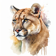 Mountain Lion Cougar Watercolour portrait, Animal illustration