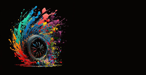 Race car tire colorful wheel dynamic illustration for competition banner with copy space on black background, splash art. Generative AI