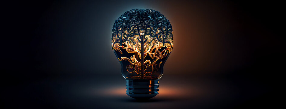 Artificial intelligence idea genius concept, bright light bulb with brain neural structure, illustration banner with copy space. Generative AI