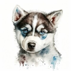 Obraz premium Cute Husky Puppy Watercolour portrait, Animal illustration