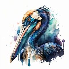 Pelican Watercolour portrait, Animal illustration