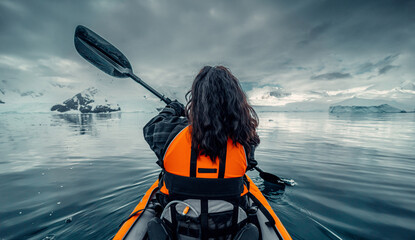 Female Kayaker Paddling Through Calm Water Of Antarctica with Beautiful Moody Snowy landscape