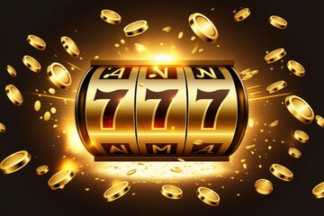 Slot machine with three reels displaying the number 777 and a gold coin. Lucky or winning moment in gambling. Generative AI - obrazy, fototapety, plakaty