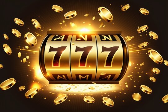 Slot machine with three reels displaying the number 777 and a gold coin. Lucky or winning moment in gambling. Generative AI