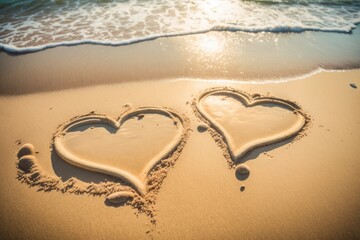 A tropical getaway for couples featuring two hearts drawn on the sand symbolizing romantic honeymoon holiday or Valentine's Day on the beach concept.