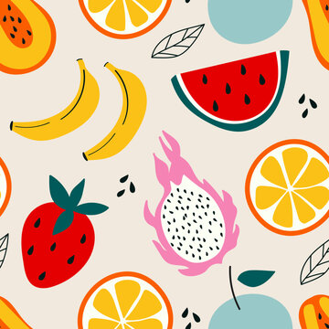 Hand drawn fruits on a light background. Seamless modern fruit vector illustration. Flat strawberry, watermelon, papaya, dragon fruit, banana. Natural print for online store, food delivery, cooking