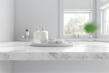 Fototapeta na wymiar Bathroom interior with a white marble countertop, a large window with a view of the countryside. AI generative