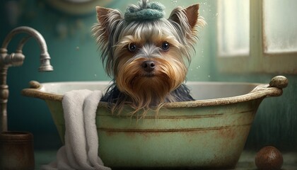 A cute and adorable picture of a dog taking a bath. Generative AI