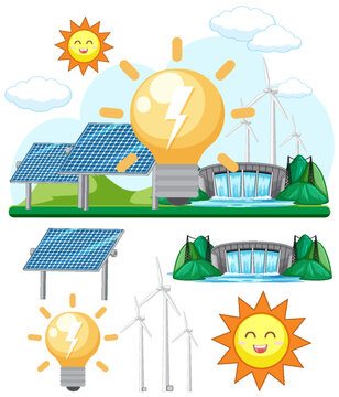 Green energy concept with solar panels and wind turbines