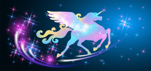 Fairy tale Unicorn with wings against the backdrop of magical night starry sky.