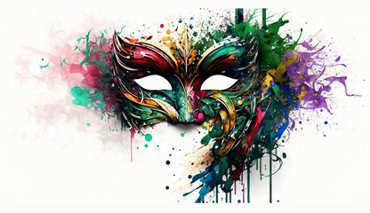 Colorful Venetian Mask Carnival Illustration with Masquerade Theme and Mardi Gras Banner, Perfect for Splash Art and Copy Space on White
