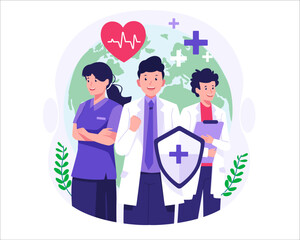 World Health Day. Our planet, Our health. Doctors and medical workers are celebrating Health Day. Vector Illustration