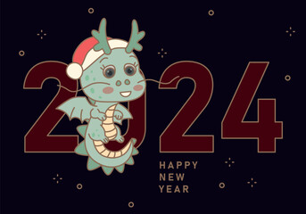 Happy chinese new year 2024 year of the dragon zodiac sign. Dragon is symbol of 2024. Green cute dragon with Santa Claus hat on black background