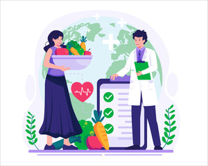 World Health Day. People are maintaining a healthy lifestyle with fruits and vegetables. Vector Illustration