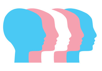 People supporing transgender personses rights. Transgender people communicate, vector illustration. Faces of diverse cultures in propfile in different colors of the transgender flag - obrazy, fototapety, plakaty