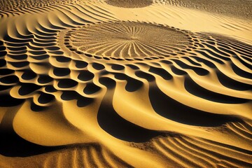 Fototapeta na wymiar A sandy beach with ripples and patterns in the sand. Generative AI