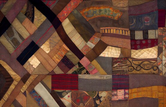 A patchwork quilt with intricate patterns of interwoven fabric. Generative AI