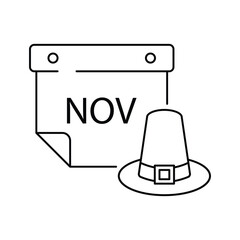 Calendar with pilgrim hat icon design. Thanks giving day calendar icon. isolated on white background. vector illustration