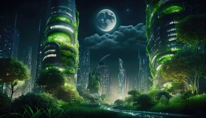 a futuristic Eco friendly city scape at night with a full moon