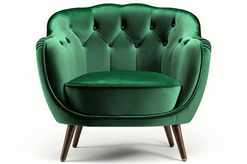 Green velvet art deco armchair with clipping trail on white background. Furnishings. Generative AI