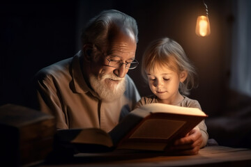 Großvater liest einem kleinen Mädchen abends eine Geschichte aus einem Buch vor. KI generierter Inhalt. - obrazy, fototapety, plakaty