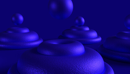 3D wallpaper of blue bold water drops. Blue shapes on dark blue background