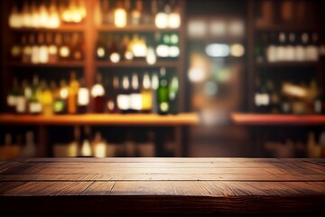 Decoration Bar Table. Closeup of Wine Bottle on Blur restaurant Background