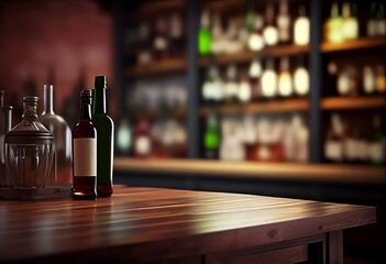 Decoration Bar Table. Closeup of Wine Bottle on Blur restaurant Background