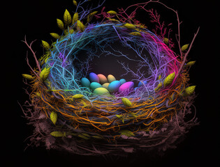 Easter eggs in nest, neon colorful eggs laying in a nest, spring, easter, modern easter eggs, light, isolated on black. Generative AI.