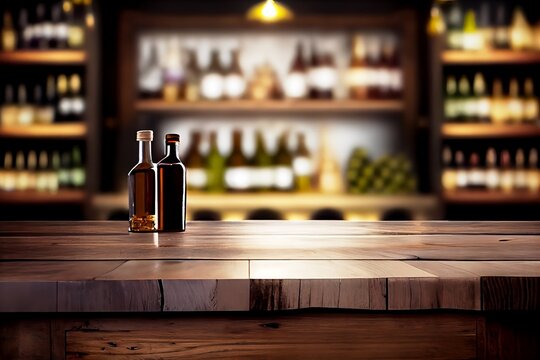 Decoration Bar Table. Closeup of Wine Bottle on Blur restaurant Background