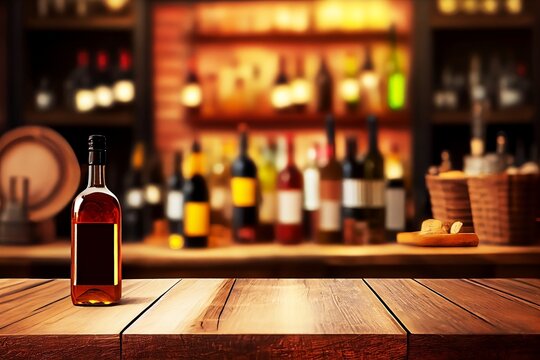 Decoration Bar Table. Closeup of Wine Bottle on Blur restaurant Background