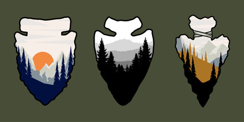 Set of emblems with arrowhead with mountain landscape. Design element for poster, card, banner, sign. Vector illustration